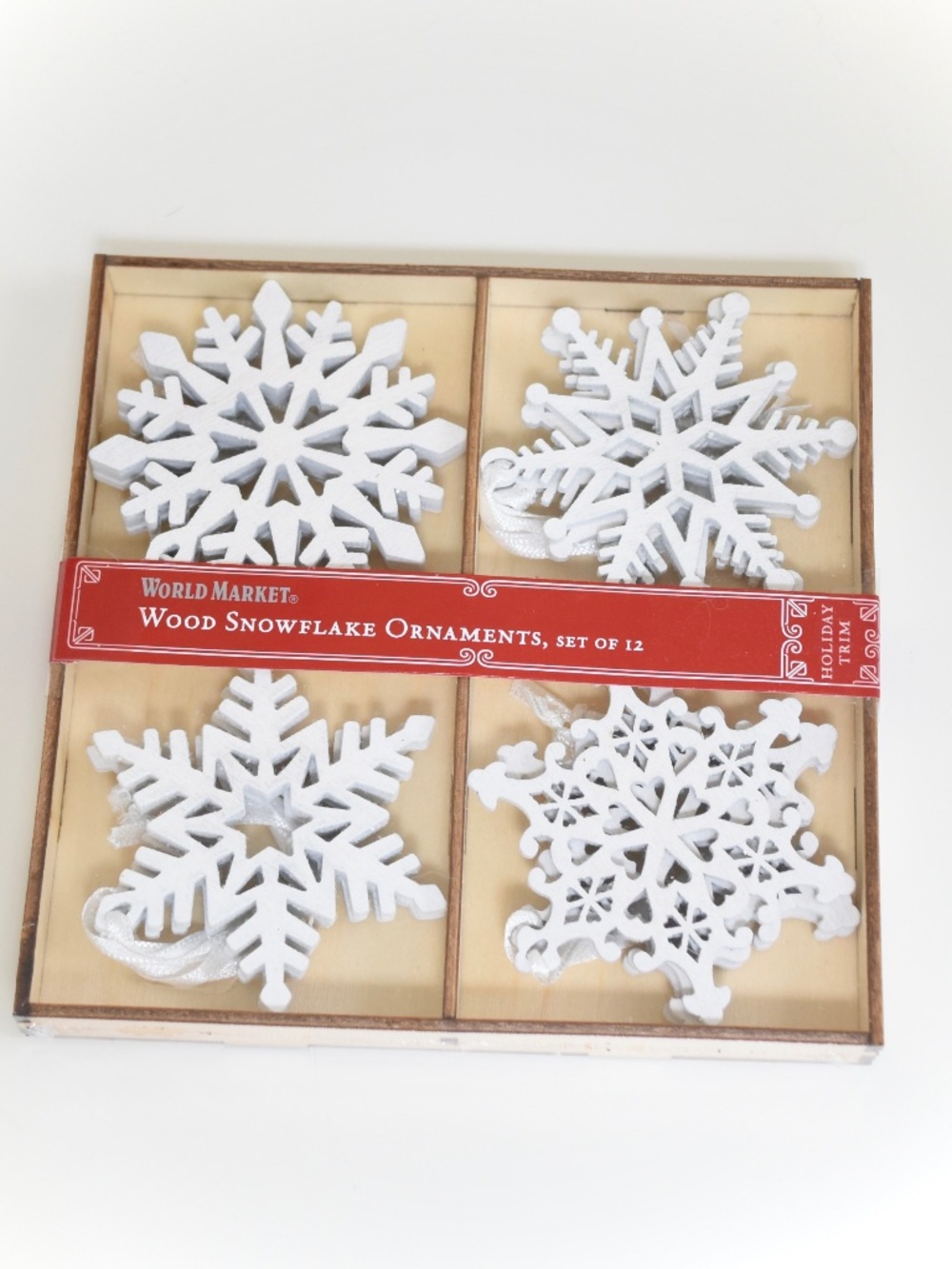 World Market White Laser Cut Wood Snowflake Boxed Ornaments 12 Pack